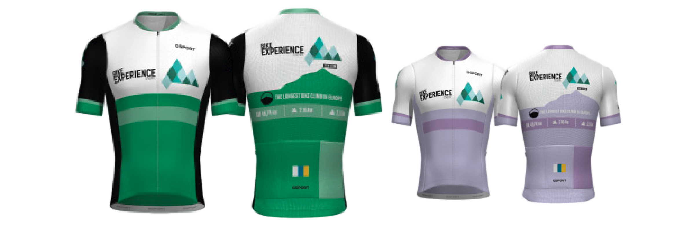 Bike Experience Tenerife jerseys in green and lilac, shown from the front and back